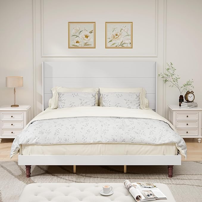 GDFStudio Tall Headboard King Size Bed,Platform Bed Frame with High Back,Wooden Slat Mattress Support No Box Spring Needed Easy Assembly Minimalist Designs 54" H White