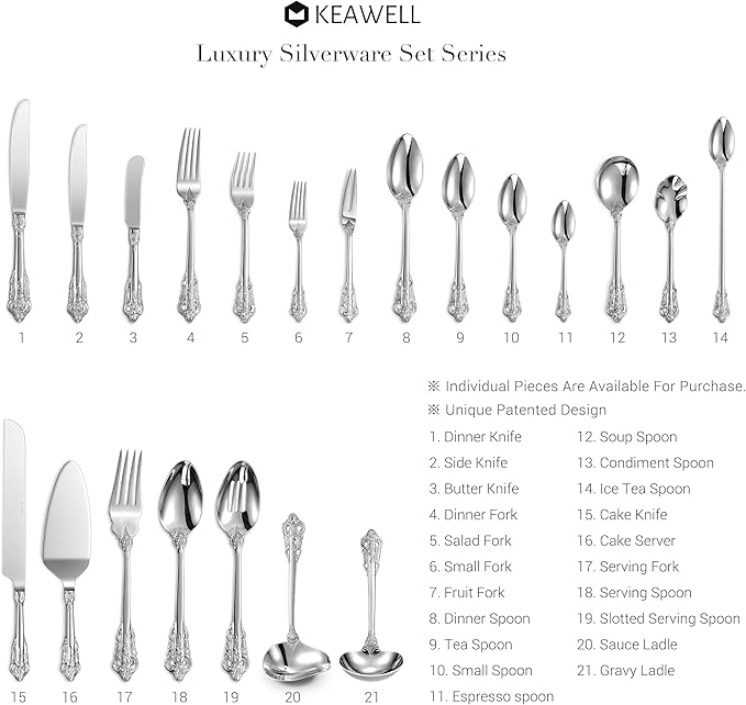 KEAWELL Luxury 65-Piece Silverware Set, 18/10 Stainless Steel, Service for 12, Mirror Finish, Antique Baroque Design, Dishwasher Safe (Silver)