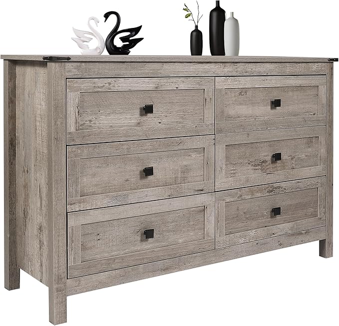 Farmhouse 6 Drawers Dresser, Wood Double Dresser Chest of Drawers Wide Storage Organizer Cabinet for Bedroom, Living Room, Rustic Grey