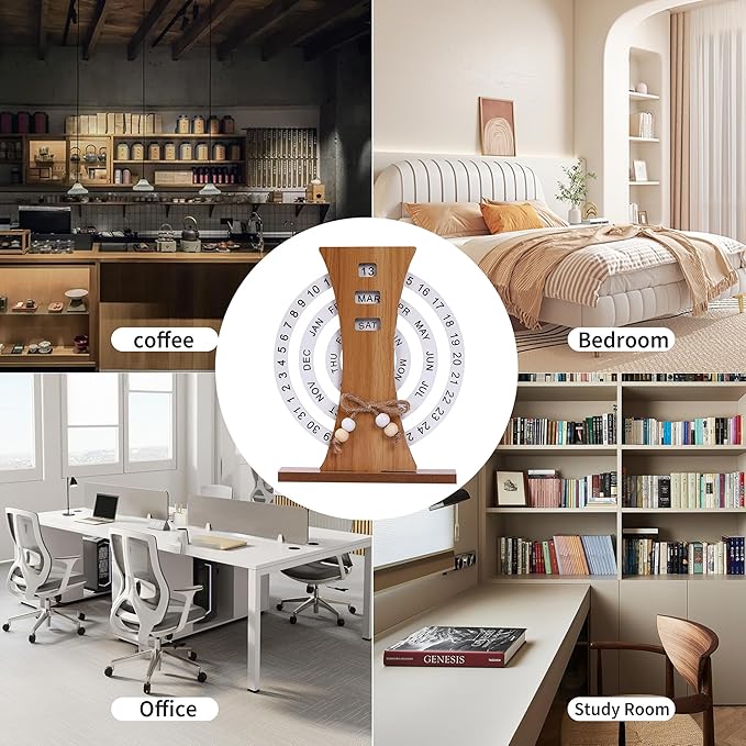 Perpetual Calendar, Wooden Disc Perpetual Desk Calendar, Wooden Disc Calendar, Gift Manual Rotating Wooden Block Calendar for Home Office Desk Date Week Month