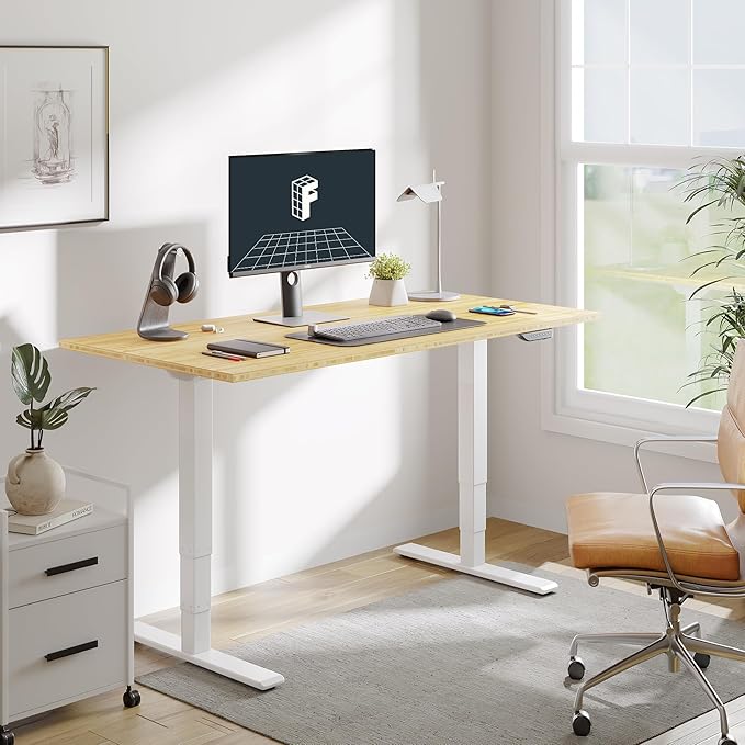 FLEXISPOT E6 MAX Bamboo Dual Motor 3 Stages Standing Desk 48x24 Inch Whole-Piece Board Electric Height Adjustable Stand Up Desk 150KG Load Capacity(White Frame + Bamboo Desktop)