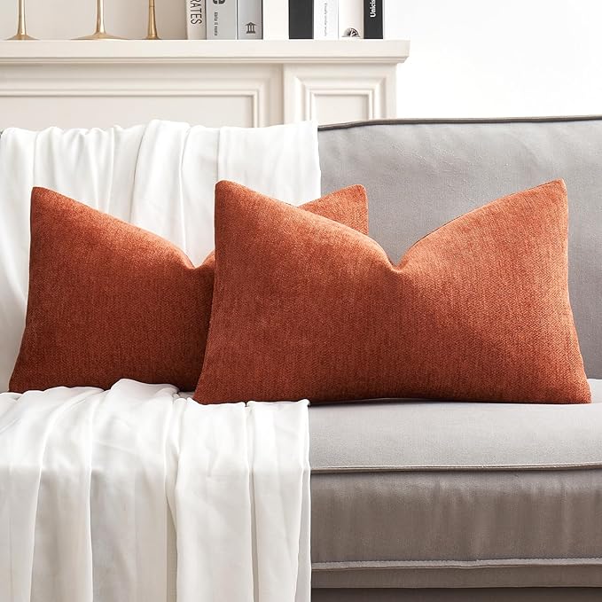 MIULEE Pack of 2 Rust Decorative Fall Pillow Covers 12x20 Inch Soft Chenille Couch Throw Pillows Farmhouse Cushion Covers for Home Decor Sofa Bedroom Living Room