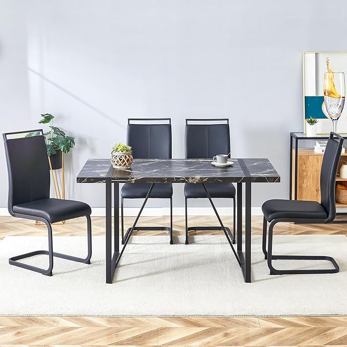 Dining Table Chairs Set for 4, Modern Rectangular Dining Room Table Set PU Leather Upholstered Dining Chairs 55" Dinner Table Set for Kitchen (B-Black, 55 inch Table + 4 Chairs)
