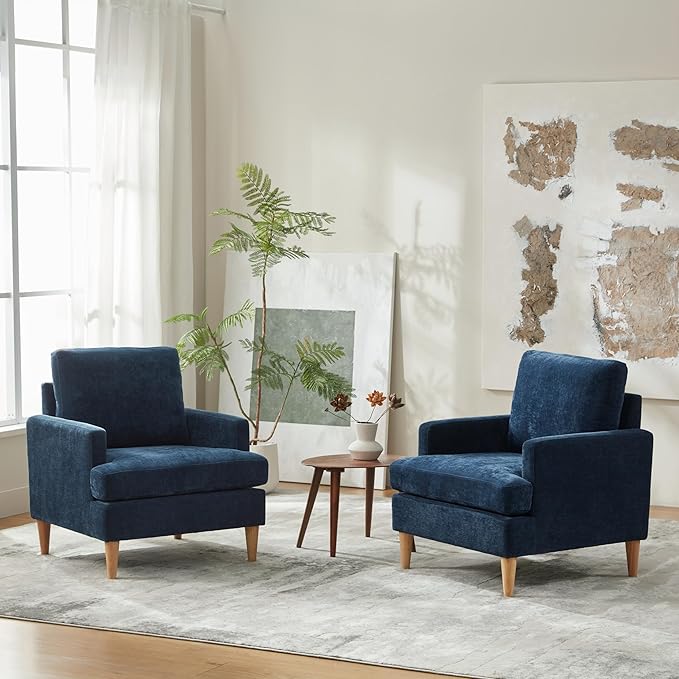 VKNOW Mid-Century Accent Chairs Set of 2, Modern Upholstered Chenille Armchair for Living Room,Comfy Reading Accent Chairs with Wood Legs for Bedroom, Navy Blue