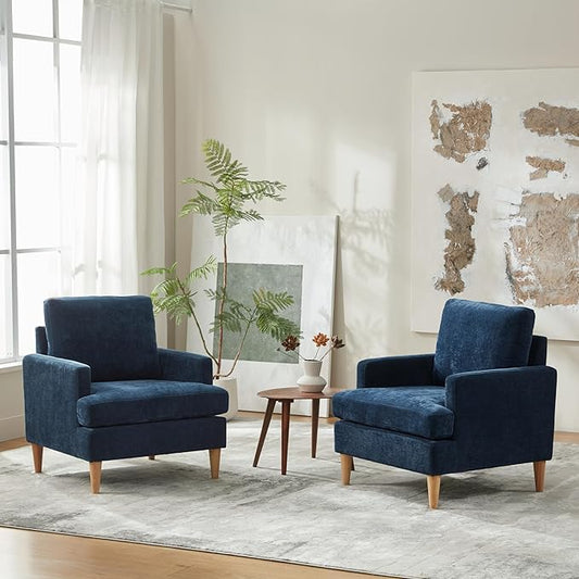 VKNOW Mid-Century Accent Chairs Set of 2, Modern Upholstered Chenille Armchair for Living Room,Comfy Reading Accent Chairs with Wood Legs for Bedroom, Navy Blue