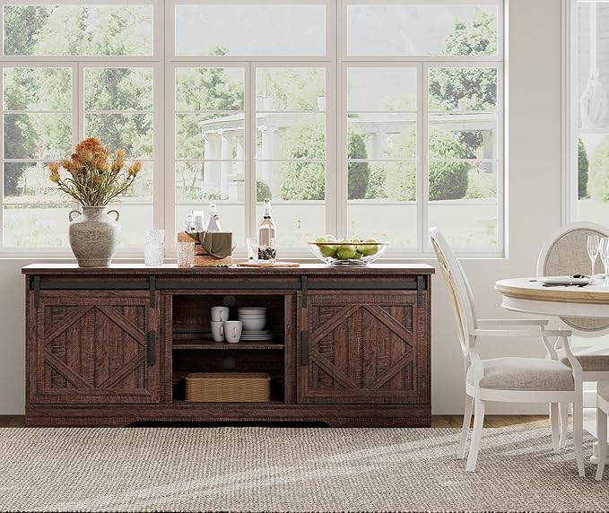 WAMPAT Modern Farmhouse TV Stand for TVs up to 75 inch with Sliding Barn Door,Wood Entertainment Center with Adjustable Media Storage Shelf for Living Room, Rustic Brown