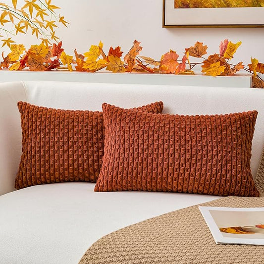 Kevin Textile Fall Throw Pillow Covers Soft Corduroy Decorative Set of 2 Boho Striped Pillow Covers Pillowcases Farmhouse Home Decor for Couch Bed Sofa Living Room 12x20 Inch Rust Brown
