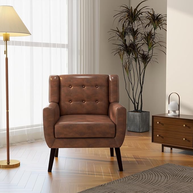 Accent Chair, Mid-Century Modern PU Leather Chairs with Arms for Living Room, Comfy Upholstered Club Single Sofa Armchair for Bedroom Waiting Room with Solid Wood Frame-Leather Coffee, Set of 1