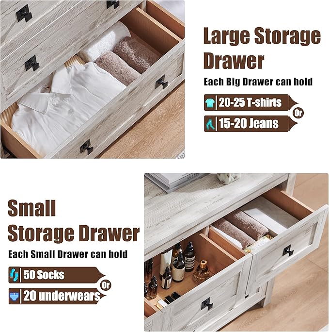 T4TREAM Farmhouse 7 Drawers Dresser for Bedroom, Wood Rustic Dresser Tv Stand, Storage Dressers Organizer for Bedroom, Living Room,Hallway, Antique Brush White