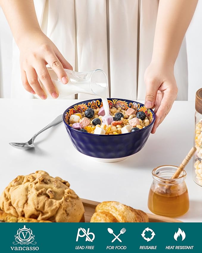 vancasso 26oz Cereal Bowls Set of 6, Boho Ceramic Soup Bowls with Colorful Bohemian Pattern, Microwave & Dishwasher Safe Serving Bowls for Salad, Oatmeal, Pasta, KRVI Series