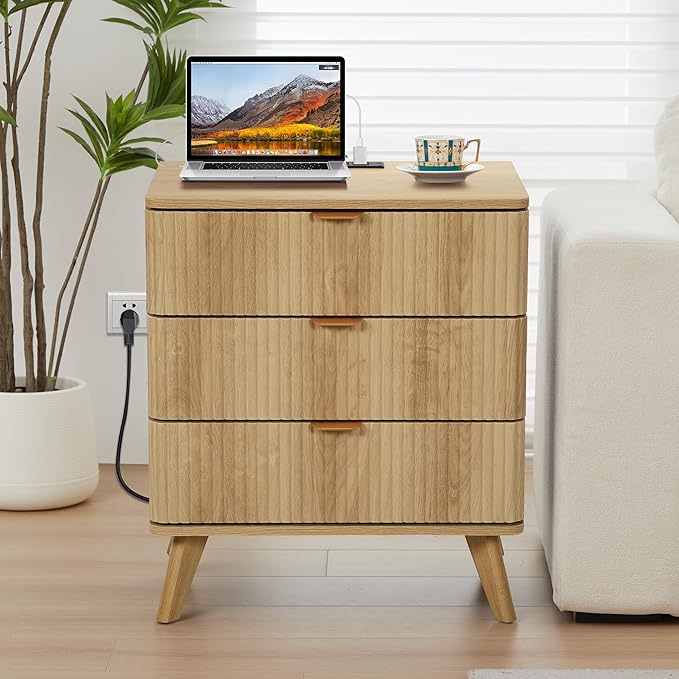 Fluted 3 Drawer Small Dresser for Bedroom, Mid Century Modern Nightstand with Charging Table Top, Low Bedside Table for Closet Cloth, End Table Short Storage, Living Room, Dorm - Natural