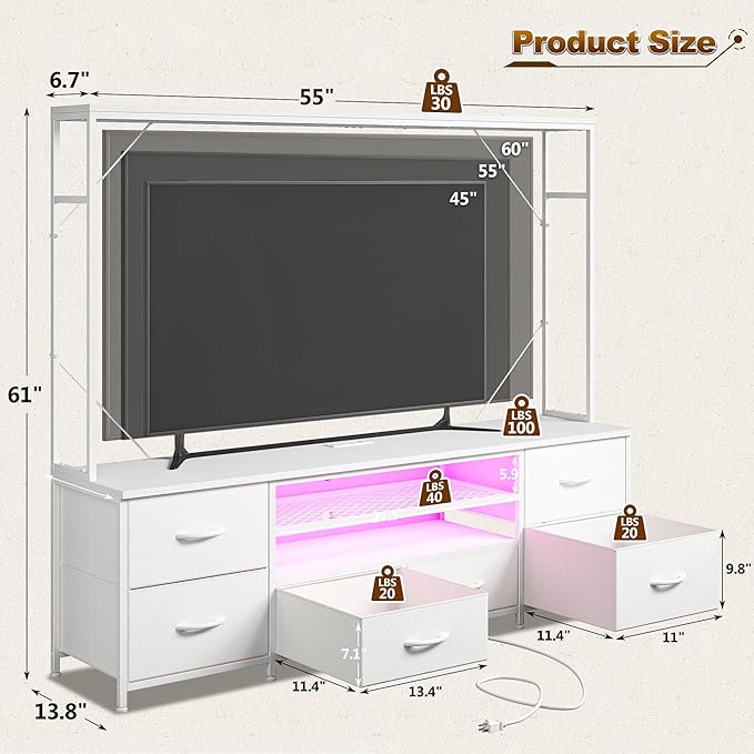 TV Stand for 55 60 inch TV, Large Wall Unit Entertainment Center with LED Lights & Power Outlets, TV Stands for Living Room, Closet, Entryway,13.8" D x 55" W x 61" H, White