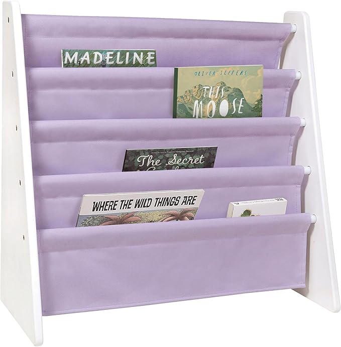 Wildkin Wooden Sling Bookshelf for Kids – Premium Canvas Design with 4 Fabric Shelves, Organizer for Home or Classroom - White w/Lilac