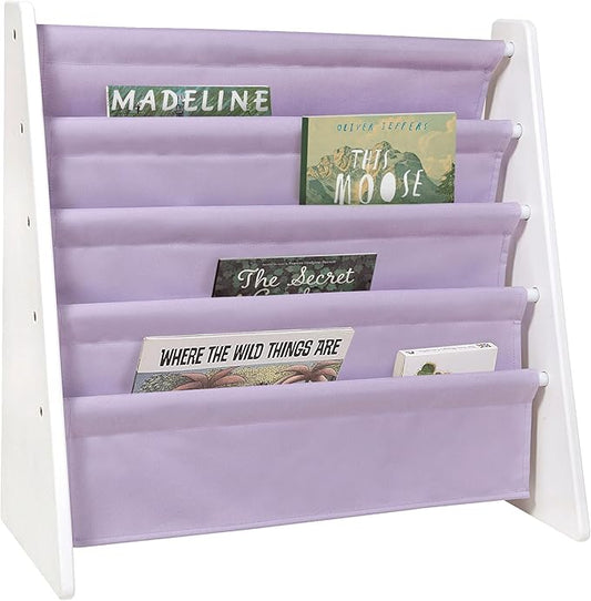 Wildkin Wooden Sling Bookshelf for Kids – Premium Canvas Design with 4 Fabric Shelves, Organizer for Home or Classroom - White w/Lilac