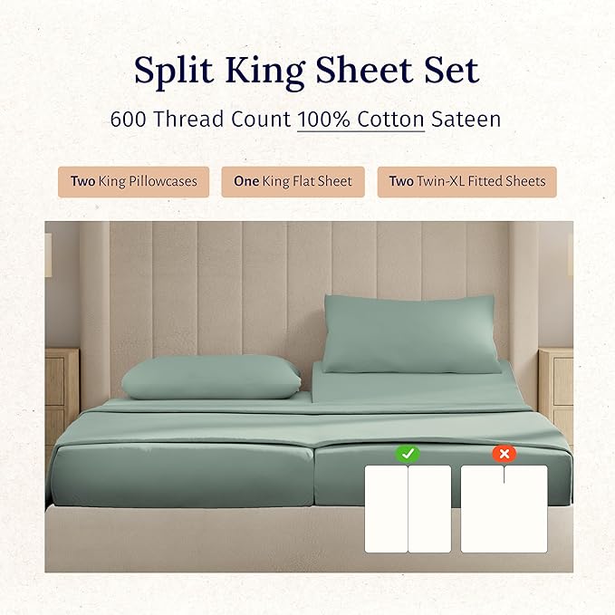 California Design Den Split King Sheet Set - 100% Cotton, 600 Thread Count, Breathable Luxury King Size Sheets for Adjustable Bed, Luxury Hotel-Quality Sheets, Soft Sateen (Sage Green - Cool Tone)