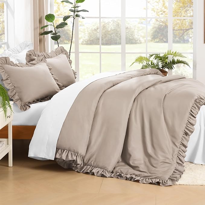 Litanika Light Coffee Queen Comforter Set, 3 Pieces Ruffle Farmhouse Aesthetic Bedding Comforter Set, All Season Soft Lightweight Fluffy Microfiber Bed Set(90x90In Comforter, 2 Pillowcases)