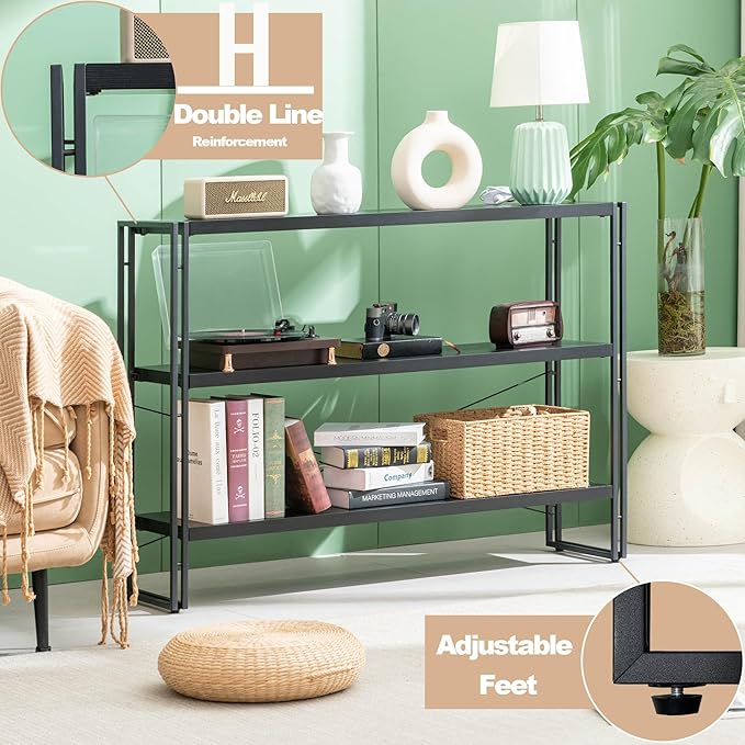 HCHQHS Bookshelf, 3-Tier Industrial Bookcase, Black Open Book Shelf, Freestanding Horizontal Bookshelves with Metal Frame