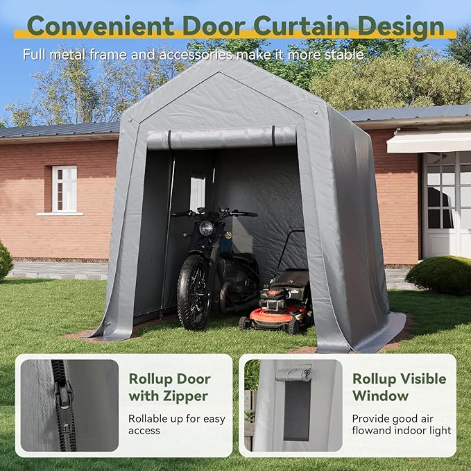 Aoxun 6x8x7 FT Outdoor Portable Storage Shed Tent with Roll-up Zipper Door and Window Portable Carport with Waterproof Tarp Galvanized Steel for Motorcycle, Generator, Bike Storage (Gray)