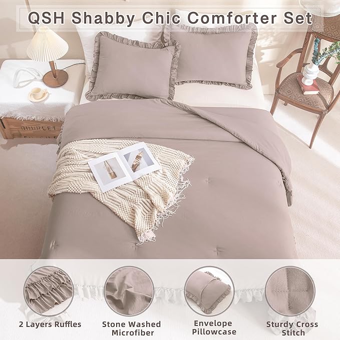 QSH Ruffled Comforter Set Queen Size, 3pcs Taupe Shabby Boho Chic Bedding Comforter Sets, Ultra Soft Farmhouse Lightweight Microfiber Inner Fill Bed Comforter Set