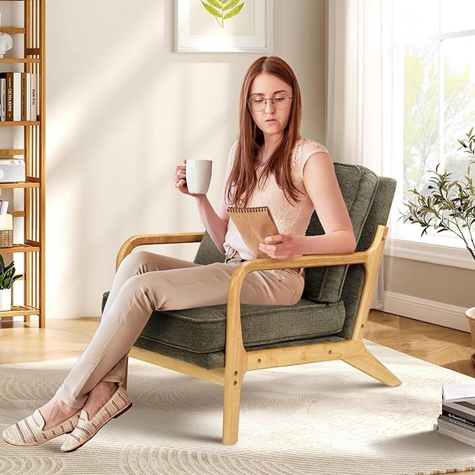 COLAMY Mid Century Modern Accent Chair Set of 2 with Lumbar Pillow, Relaxing Armchair with Solid Wood Frame & Soft Cushion, Reading Leisure Chair for Living Room（Green）