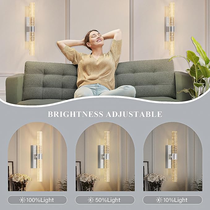 Battery Operated Sliver Wall Sconces Set of 2 Rechargeable Battery Powered Wall Light with 12000mAh Not Hardwired Dimmable Wall Lamp Fixtures for Bedroom Living Room 20.9 Inches