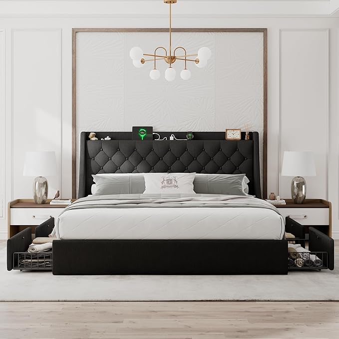King Size Bed Frame with 4 Storage Drawers, Upholstered Bed Frame with Wingback Headboard, Charging Station, No Box Spring Needed, Easy Assembly, Black