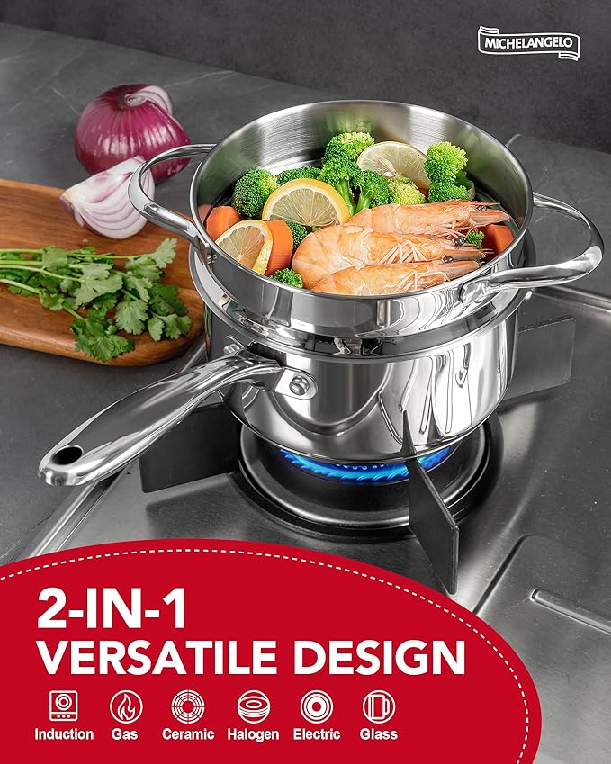 MICHELANGELO Stainless Steel Sauce Pan with Lid, 1.5 Quart Sauce Pan with Steamer Insert, Induction Saucepan, 1.5 Qt Stainless Steel Pot with Lid, Dishwasher & Oven Safe