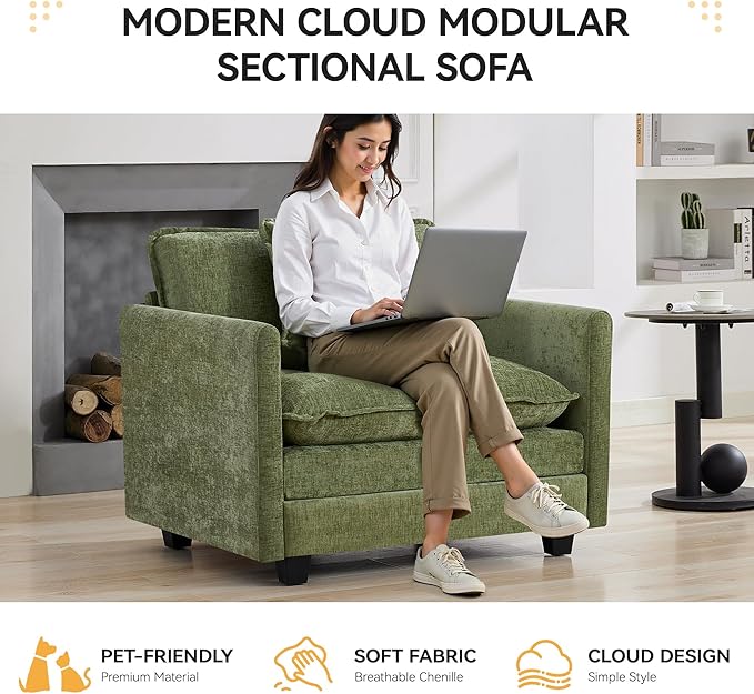 41'' Modern Chenille Oversized Chair, Upholstered Accent Living Room Chair with Extra Thicked Deep Seat, Single Lounge Chair for Bedroom, Small Apartment,Green