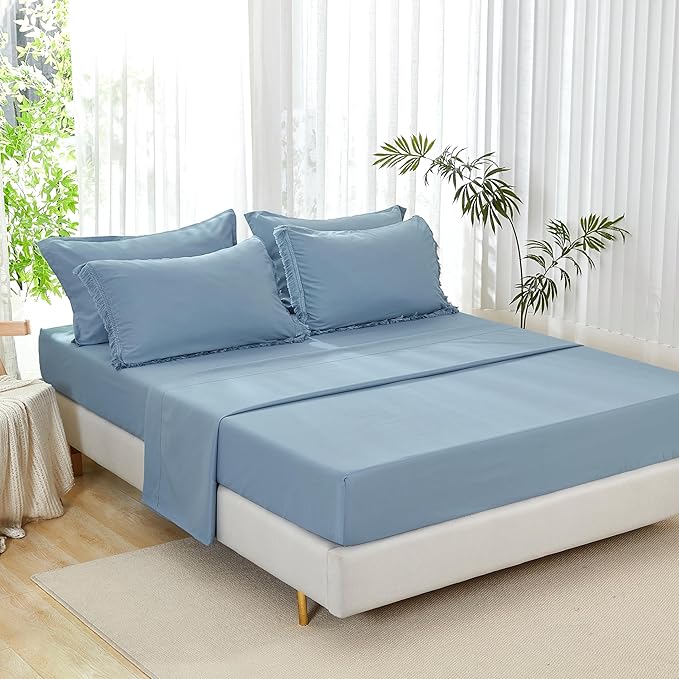 Andency Queen Comforter Set with Sheets Grayish Blue -7 Pieces Boho Tassel Bed in a Bag Soft Lightweight Bedding Sets, All Season Fringe Bed Set with Comforter, Sheets, Pillowcases & Shams