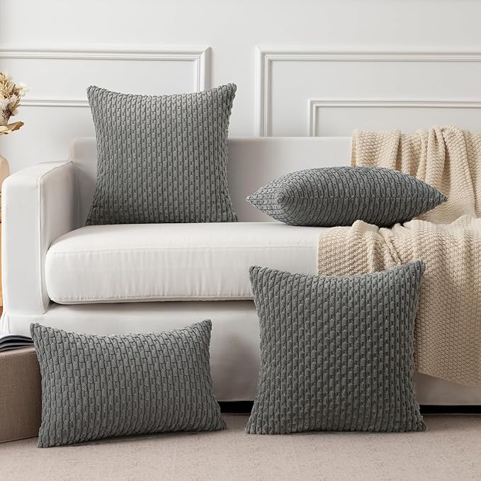 Kevin Textile 2 Packs Dark Grey Decorative Throw Pillow Covers 26x26 Inch for Living Room Couch Bed Sofa Rustic Farmhouse Boho Home Decor Soft Striped Corduroy Square Cushion Case 66x66 cm