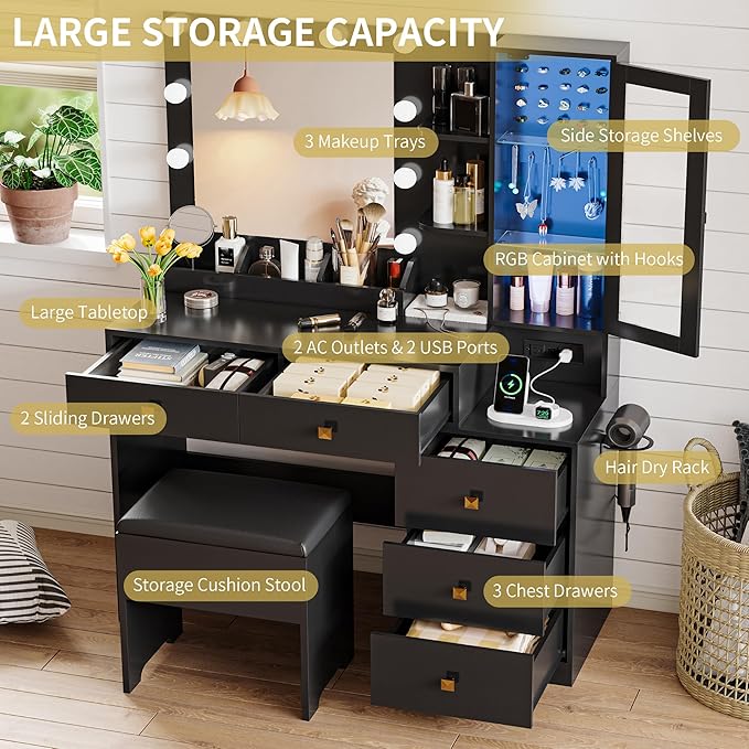 Vanity Desk with Mirror and Lights, Makeup Vanity Table Set with 5 Storage Drawers, Power Outlet & Chair, Small Dressing Table with RGB Ambient Light, Adjustable Brightness for Girls Bedroom, Black
