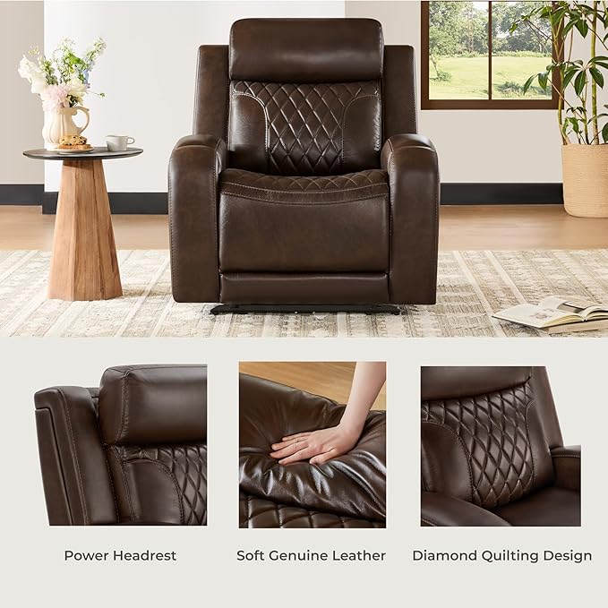 CHITA Genuine Leather Recliner Chair for Adults with Adjustable Power Headrest, Lay Flat Power Recliner with Slide-Out Cupholders & USB/Type-C Ports, Living Room Chair, Brown
