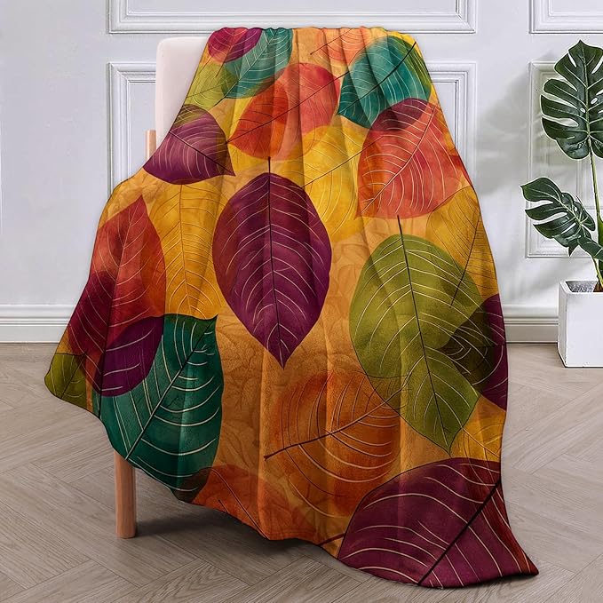 Colorful Leaf Blanket Gifts for Women Girls Adults Kids Soft Warm Lightweight Cozy Autumn Foliages Throw Blankets for Bed Sofa Couch Living Room Decor 80x60in