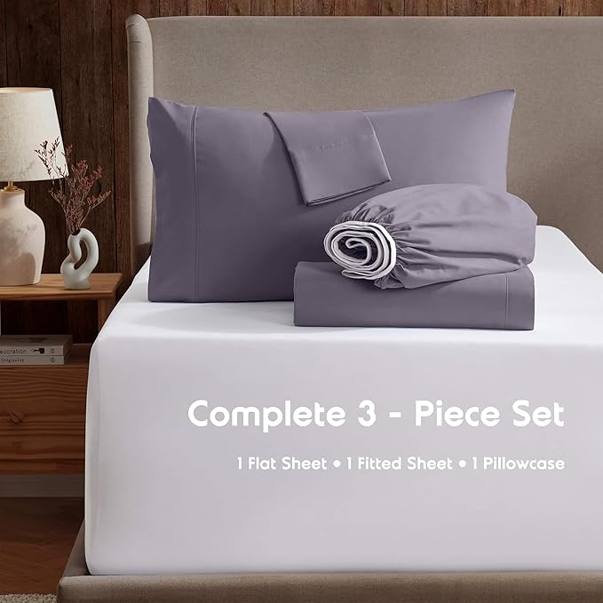 Nestl Twin Sheet Set - 1800 Ultra-Soft Microfiber Twin Bed Sheets - Double Brushed - Deep Pockets - Easy Fit - Extra Soft - 3 Piece Set - Bedding Sheets & Pillowcases (Twin, Grayish Purple)