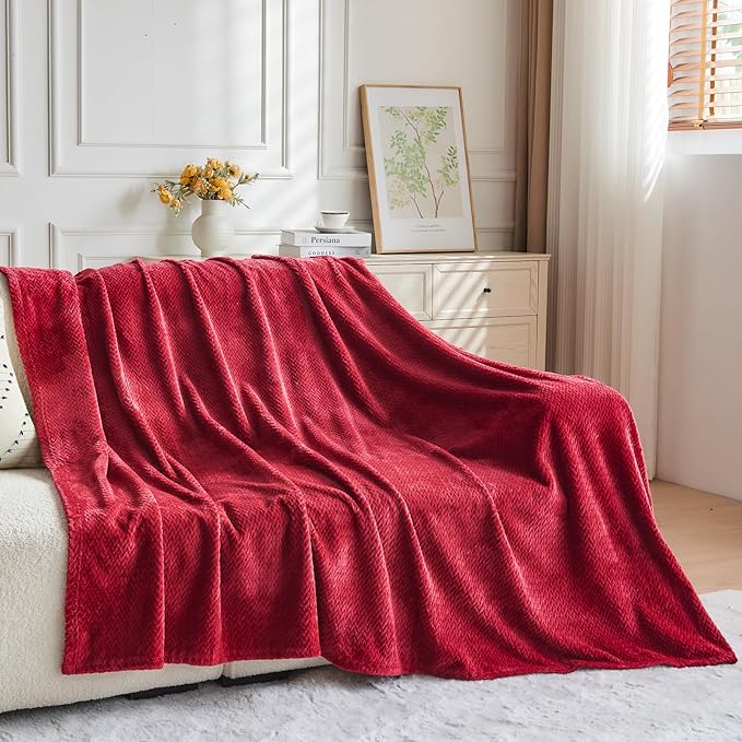 NEWCOSPLAY Super Soft Twin Blanket Red Premium Silky Flannel Fleece Leaves Pattern Lightweight Bed Blanket All Season Use (Red, Twin(60"x80"))