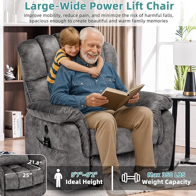 MEETWARM Large Dual Motor Power Lift Chair with Extended Footrest for Big Tall Elderly, Infinite Position Lay Flat Lift Electric Recliner, Heat Massage, Lumbar Pillow, USB & Type-C Ports, Plush Gray