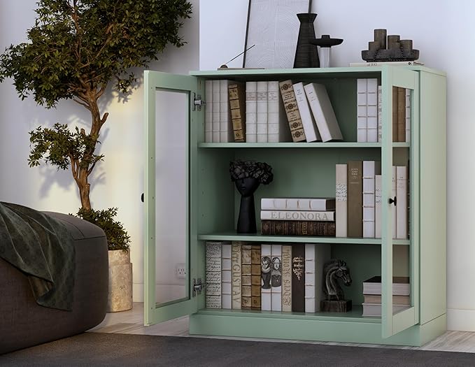 Palace Imports Solid Wood Bookcase - Floor Standing Bookshelf - 32” W - Display Furniture, Renewable 100% Eco-Friendly Wood, Made in Brazil (Sage, Clear Glass Doors | 3-Shelf Short Bookcase)