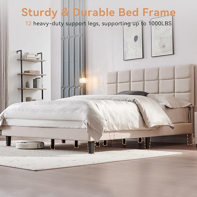 BedsPick Queen Size Bed Frame with Fabric Upholstered Headboard, Bed Frame Queen Size with Solid Wooden Slats Support, No-Noise, Easy Assembly, No Box Spring Needed with 1000LBS, Beige