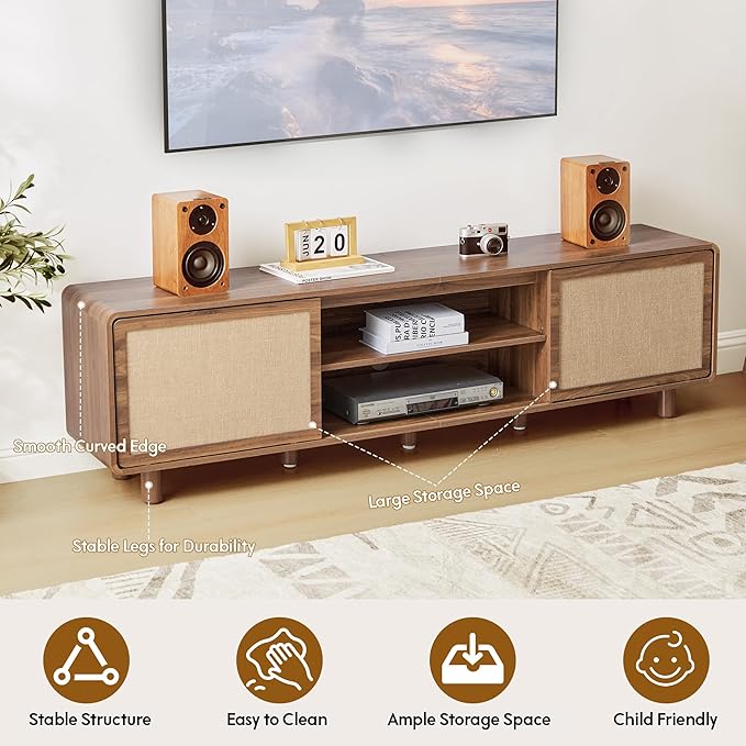 70" TV Stand with Slding Door for 55/60/65/80 Inch Television, Farmhouse Linen Decor TV Console with Storage, 2 Cable Holes & 6 Legs, Mid Century Wooden Entertainment Center for Living Room (Walnut)