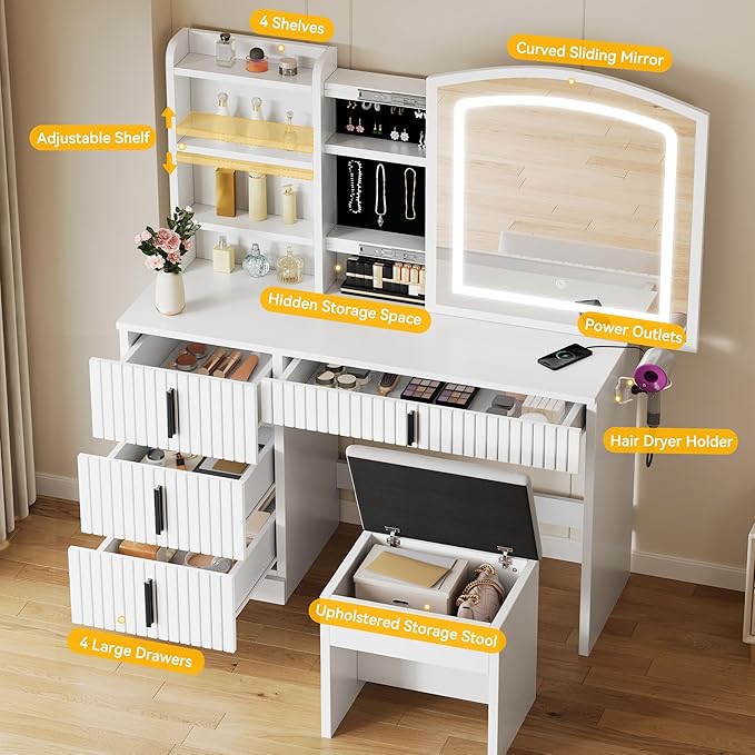YITAHOME Fluted Makeup Vanity Desk with Mirror & Power Outlet, Vanity Table Set with Hidden Storage, Makeup Desk with 4 Drawers, 3-Color LED Lighted Dressing Table with Storage Cushion Stool, White