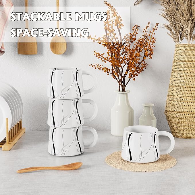 12 oz Coffee Mugs Set of 4, Modern Stackable Coffee Cups Set for Latte, Hot Tea, Cappuccino, Ceramic Coffee Mug Tea Cup, Dishwasher & Microwave Safe, Housewarming Wedding Present (White)