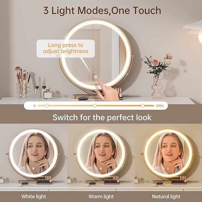 Modern Vanity Desk with Mirror and Lights, 39" Gray Makeup Vanity Set with Adjustable Chair & Drawers, White and Gold Dressing Table for Small Spaces & Bedroom