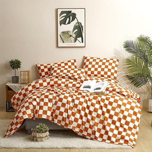 CLOTHKNOW Rust Beige Plaid Comforter Set California King Checker Bedding Comforter Sets Geometric Buffalo Comforter with 2 x Pillow Cases