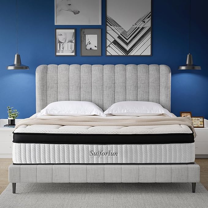 Suiforlun Queen Mattress, 14 Inch Euro Top Gel Memory Foam and Pocket Coils Innerspring Hybrid Mattress Queen with 7 Premium Layers, Targeted Support, Medium Firm, 120 Nights Trial, 60"*80”