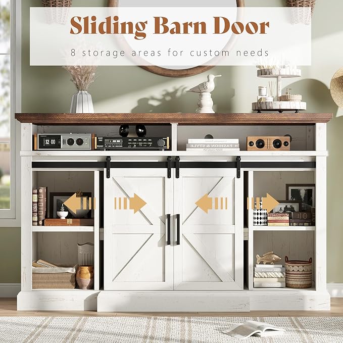 AMERLIFE 66" W Farmhouse TV Stand, Wood 40" H Tall Entertainment Center with Sliding Barn Door & Large Storage Shelves, Rustic Media Console for TVs up to 75", Distressed White
