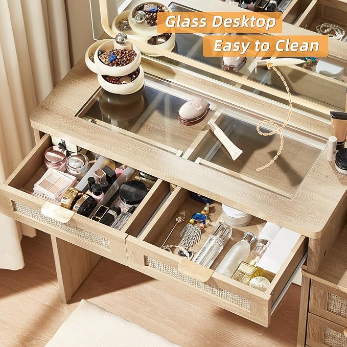 LEYAOYAO Vanity Desk with Mirror and Lights, 43.5'' Makeup Vanity Set with Stool 6 Drawers and Adjustable Shelves, Rattan Wood Make Up Vanity Dressing Table with Glass Top and Power Outlet for Bedroom