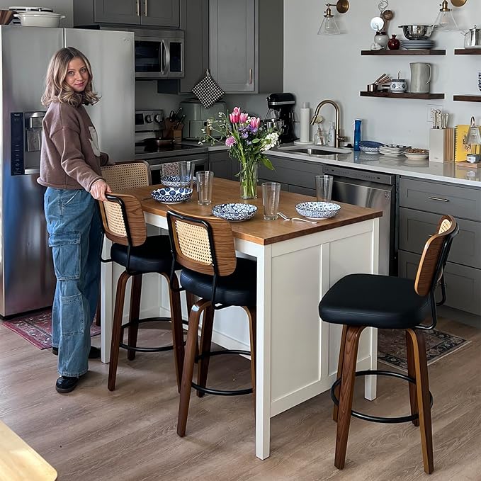 Swivel Counter Height Stools - 26 inch Counter Stools Set of 3 with Curved Rattan Back, Walnut Craftsmanship, Upholstered Seat, Counter Height Bar Stool for Island/Pub/Kitchen (26" Seat Height, Black)
