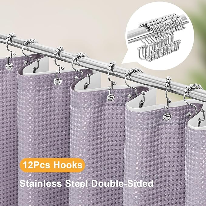 3 in 1 Extra Long Purple Shower Curtain Set-72 W x 84 H, Lavender Waffle and PEVA Liner Set with 12 Stainless Steel Hooks, Waterproof Fabric for Bathroom