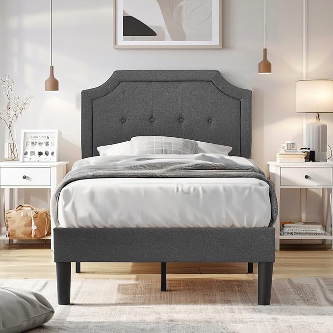 VECELO Twin Size Platform Bed Frame with Fabric Upholstered Headboard and Wooden Slats Support, No Box Spring Needed/Easy Assembly,Grey
