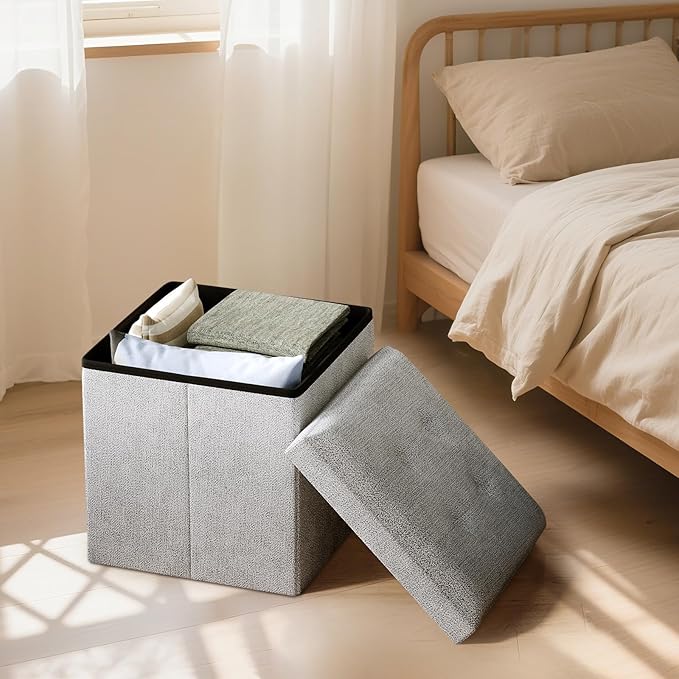 Storage Ottoman Bench, 15 Inch Ottoman Foot Rest, End of Bed Bench, Storage Chest, Load 700 lb, for Living Room, Bedroom, Entryway, Light Gray